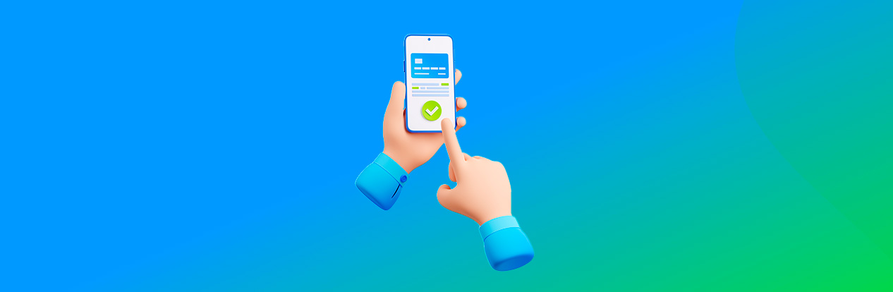 Duas mãos segurando um smartphone, com uma das mãos apontando para a tela, que exibe uma interface de pagamento digital com um grande símbolo de verificação verde. O fundo é um gradiente de azul para verde, representando um ambiente digital e moderno. Esta imagem simboliza o conceito de pagamentos digitais e transações eletrônicas.