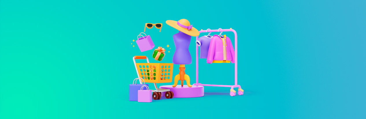 Uma ilustração 3D vibrante de um carrinho de compras transbordando de opções de roupas, ideal para promover uma loja e seu planejamento de visual merchandising.