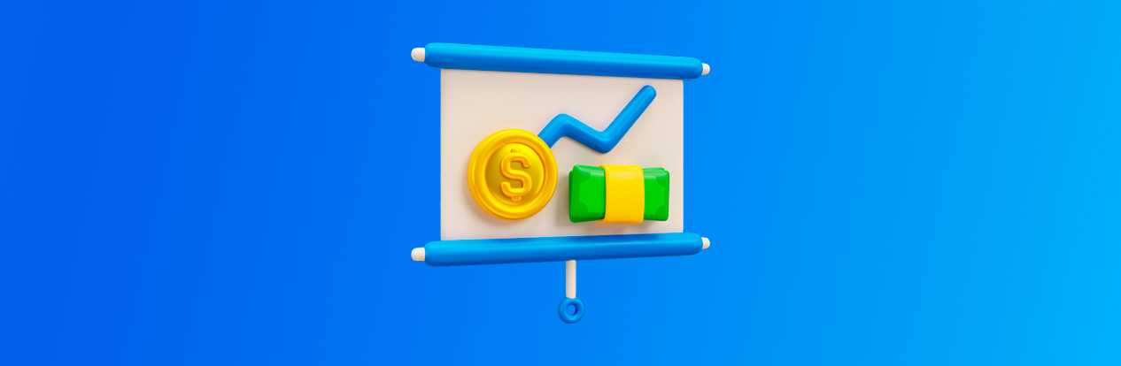 Ilustração de um slide com gráfico crescente e notas de dinheiro, simbolizando os ganhos da loja com a comissão.