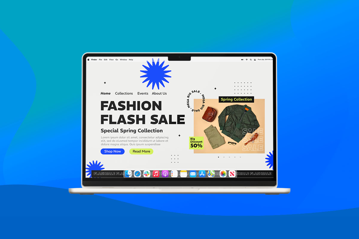 Tela de laptop exibindo uma vitrine digital para vendas online, destacando uma campanha de 'Fashion Flash Sale' com itens de coleção de primavera e descontos de até 50%.